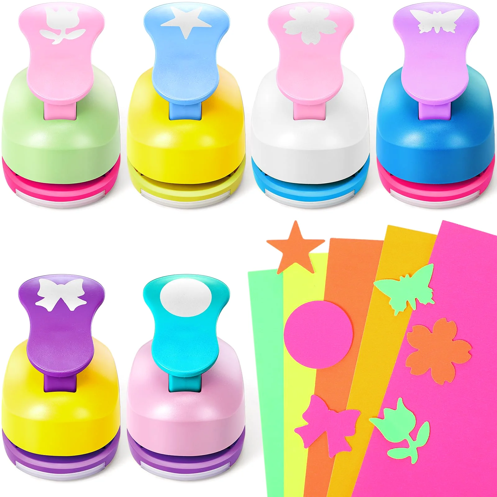 Six-shape punches with their cardstock, from the craft shelf.